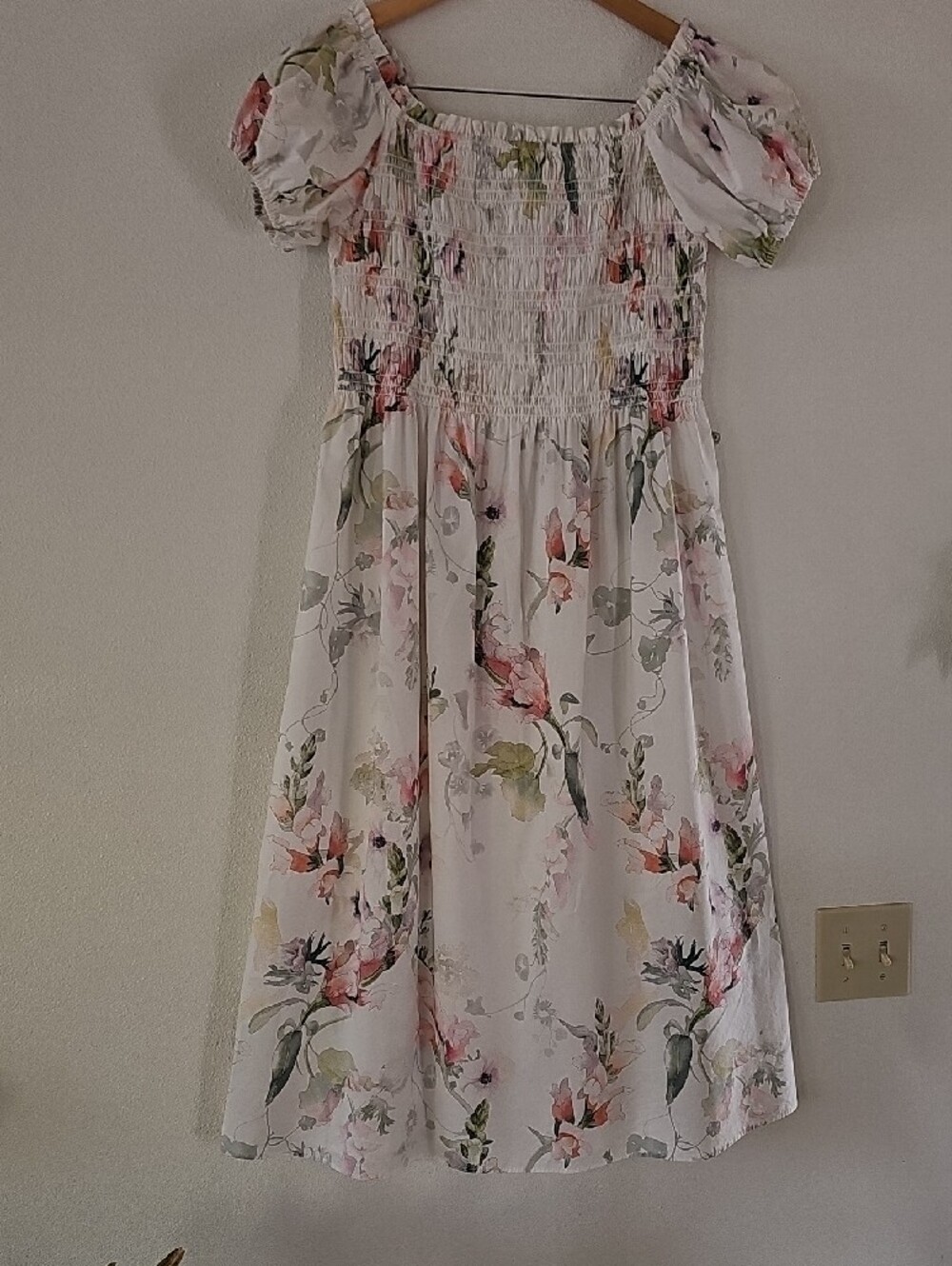 H&M Sz L Floral Print Off the Shoulder Puff-Sleeve Smocked Poplin Midi Dress - Picture 11 of 14